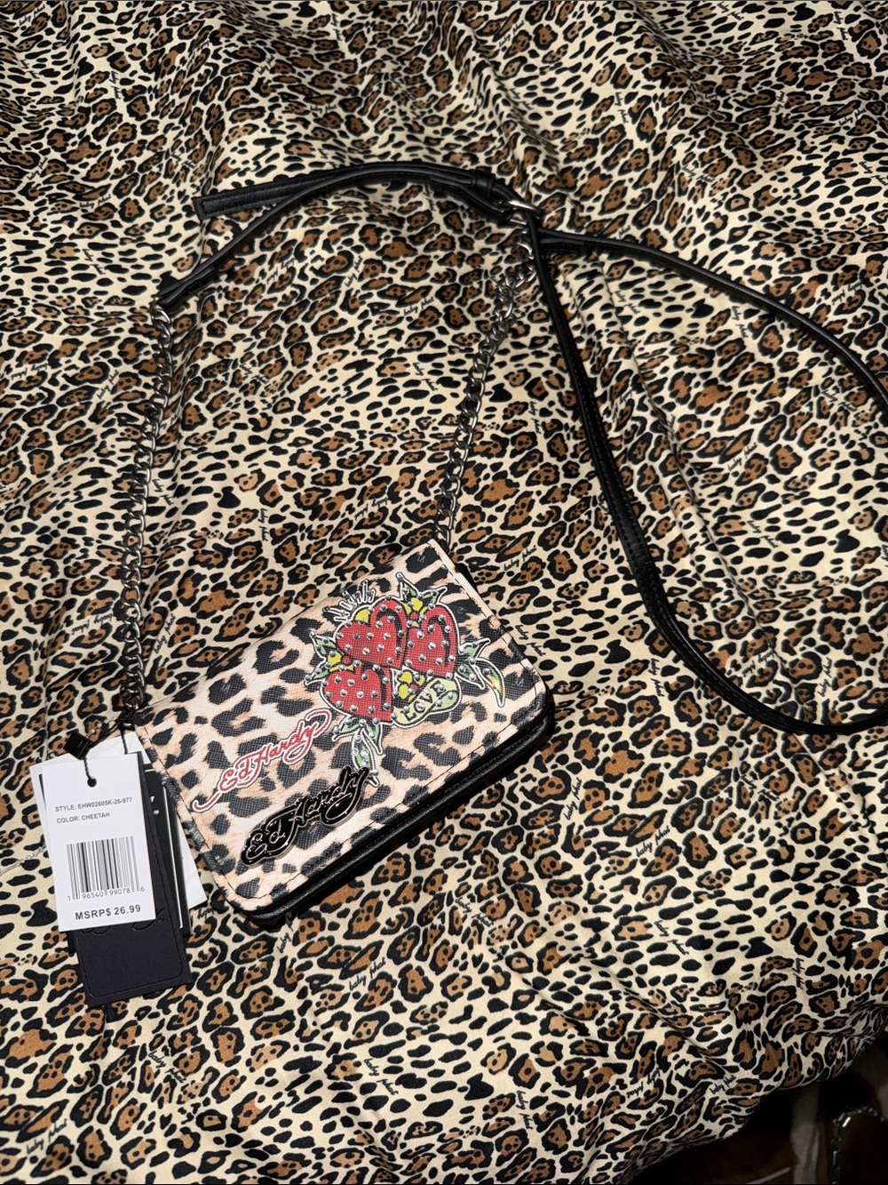 Ed Hardy Leopard Crossbody with Red Strawberry Patch - Black/Tan